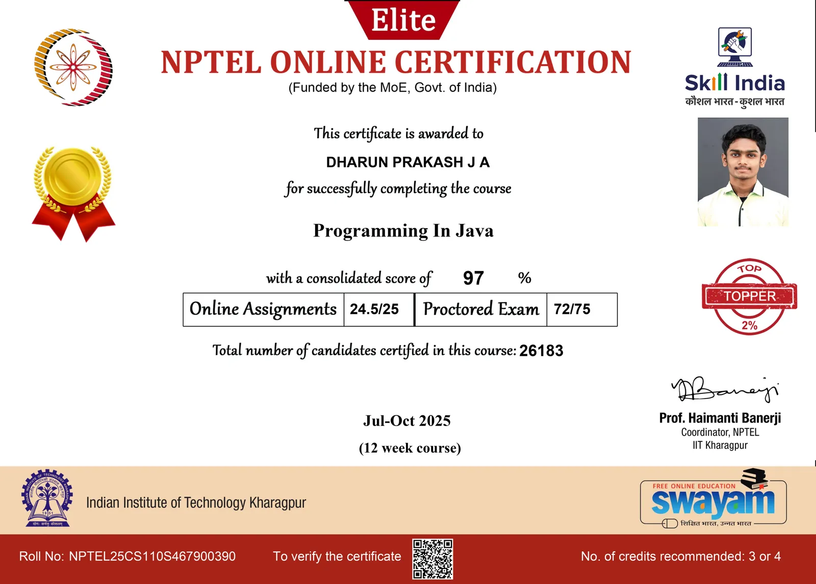 Programming in Java (Elite + Top 2%) — NPTEL — IIT Kharagpur, Ministry of Education